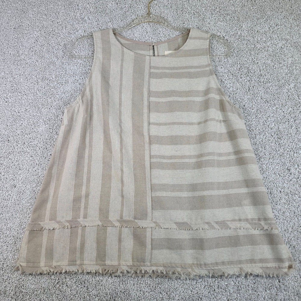 Umgee Striped Linen Blend Fringe Tank Top Small S Boho Coastal Sleeveless Blouse